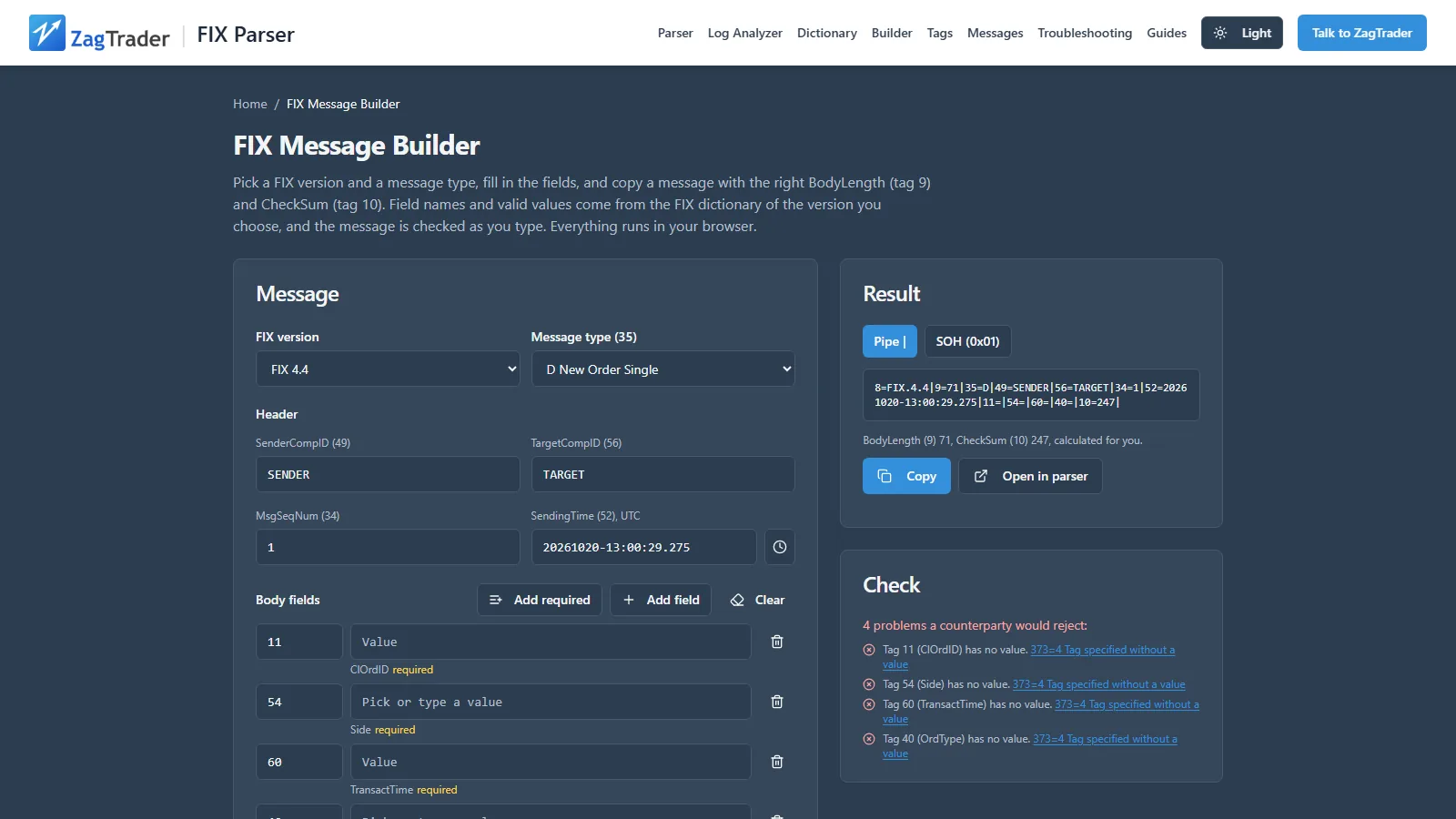 FIX message builder form for composing a FIX message field by field, with BodyLength (9) and CheckSum (10) calculated for you