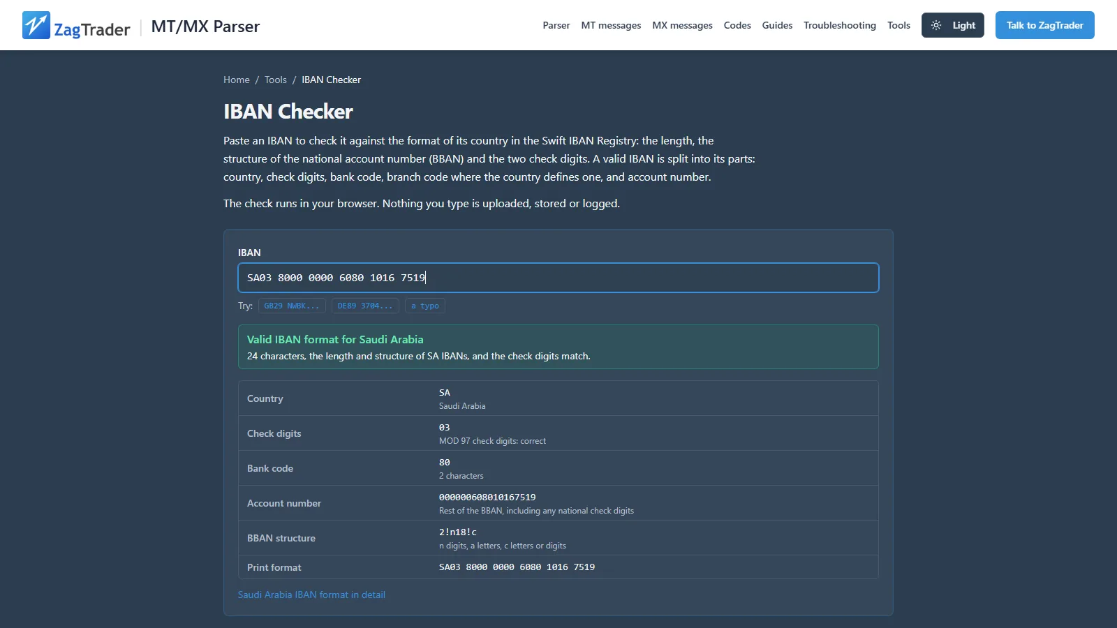 IBAN checker showing a Saudi Arabia IBAN with a valid format, split into country, check digits, bank code, account number and BBAN structure