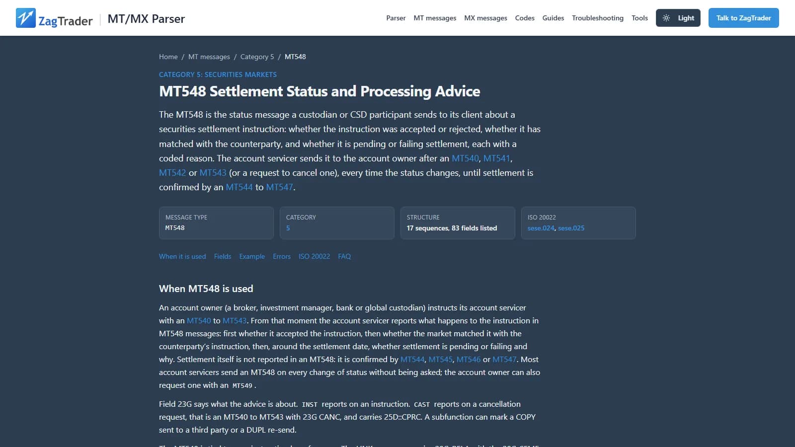 Reference page for MT548 Settlement Status and Processing Advice, explaining when the message is used, its category, its 17 sequences and 83 fields, and its ISO 20022 equivalents sese.024 and sese.025