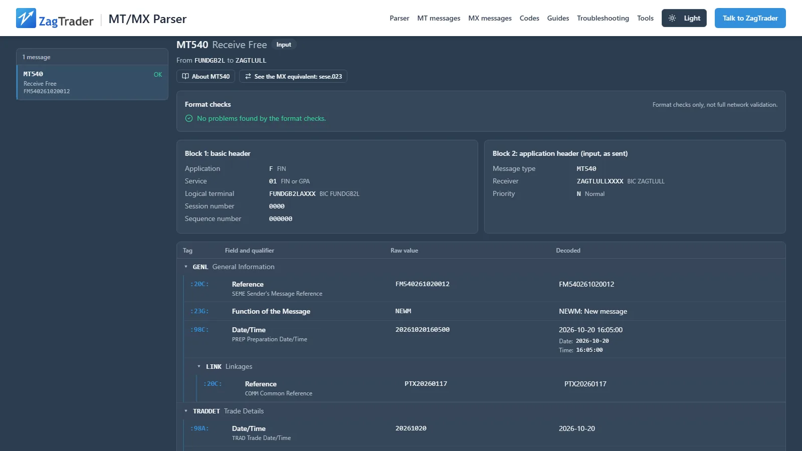 MT/MX Parser decoding an MT540 Receive Free message: the format checks pass, the basic and application header blocks are decoded, and each field is listed with its tag, qualifier, raw value and decoded value, grouped by sequence