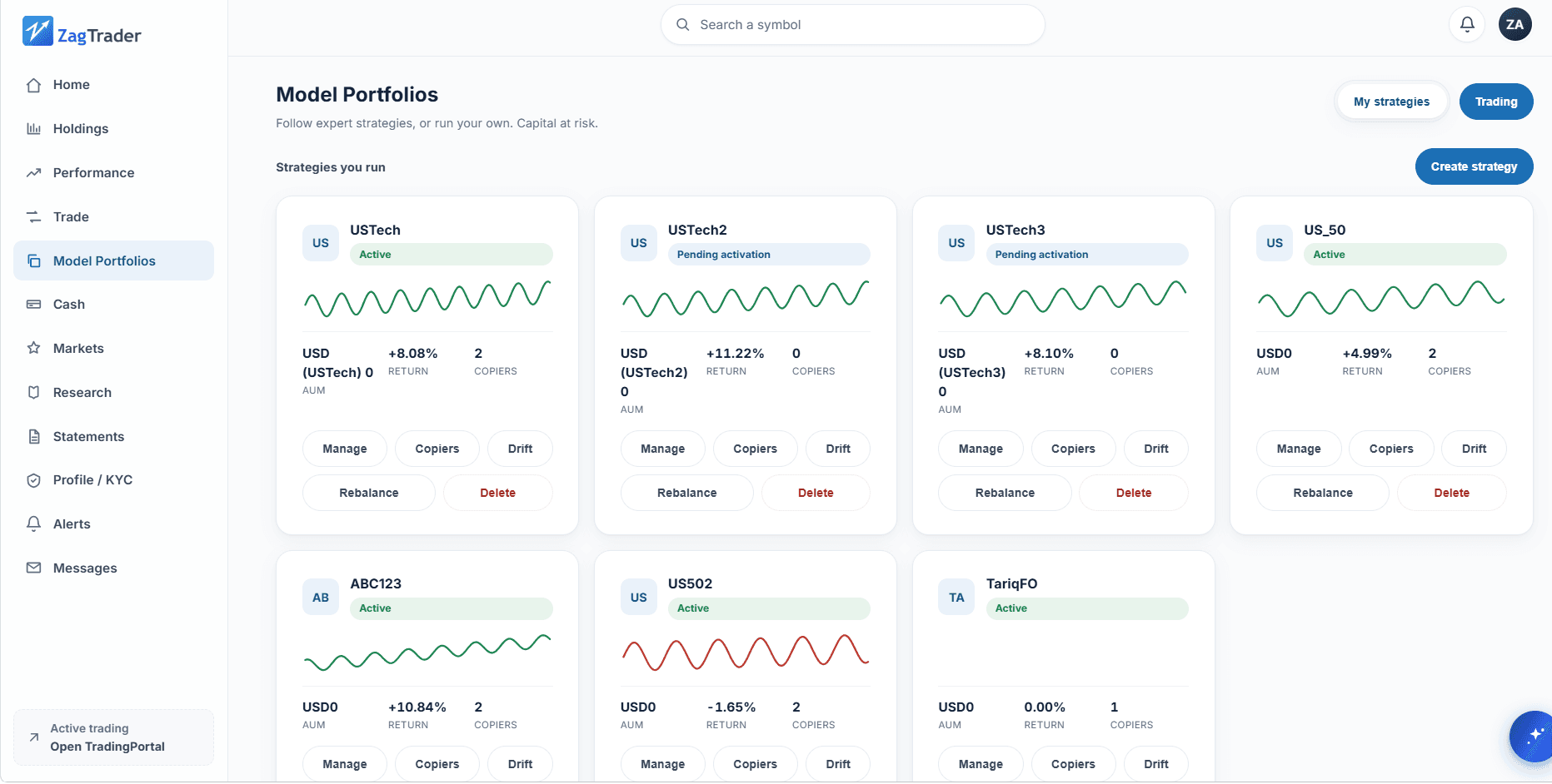 ZagTrader manager self-service portal showing model portfolio strategy cards with performance, followers, drift and rebalance actions