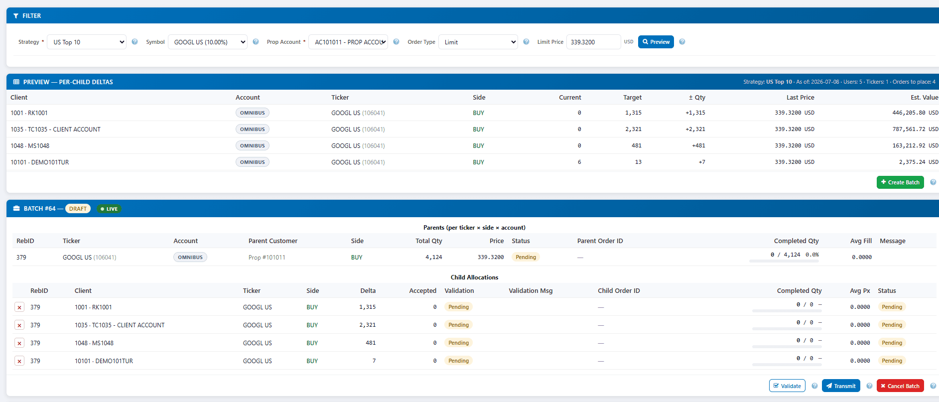 ZagTrader rebalancing batch showing per-child order deltas, parent orders, and child allocations awaiting validation and transmission